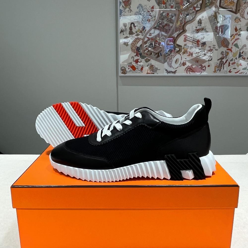 HERMES Men’s Bouncing Sneakers Suede Calfskin Black H Black Orange Two-Tone
