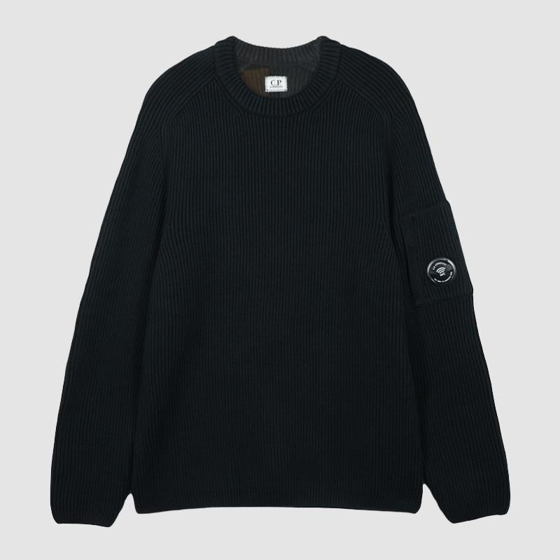 CP Company Ribbed Knit Lens Sleeve Crew Neck Sweater Black