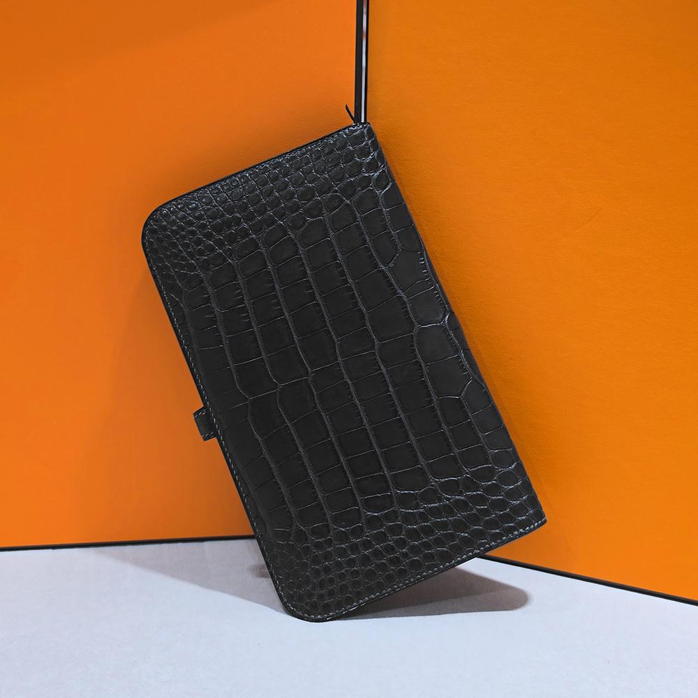 HERMES Alligator Long Wallet Gray Palladium Hardware Unisex