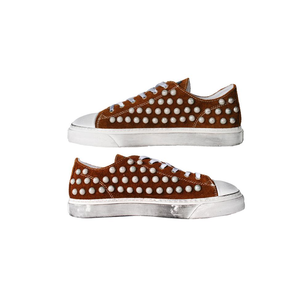 Gienchi Brown Velour Round Studded Vintage Low-Top Sneakers