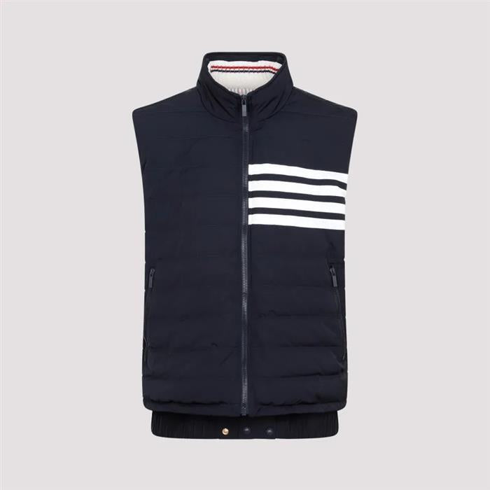 THOM BROWNE Navy Poly Twill 4-Bar Funnel Neck Down Vest FVD015X 07259 415