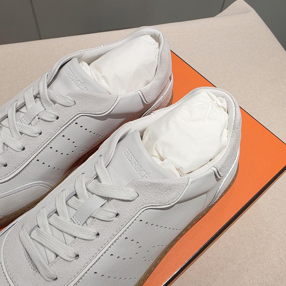 HERMES Men’s Match Sneakers White Canvas Leather Low-Top
