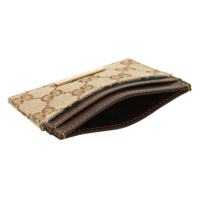 GUCCI Plaque Card Case Leather Wallet Beige Brown