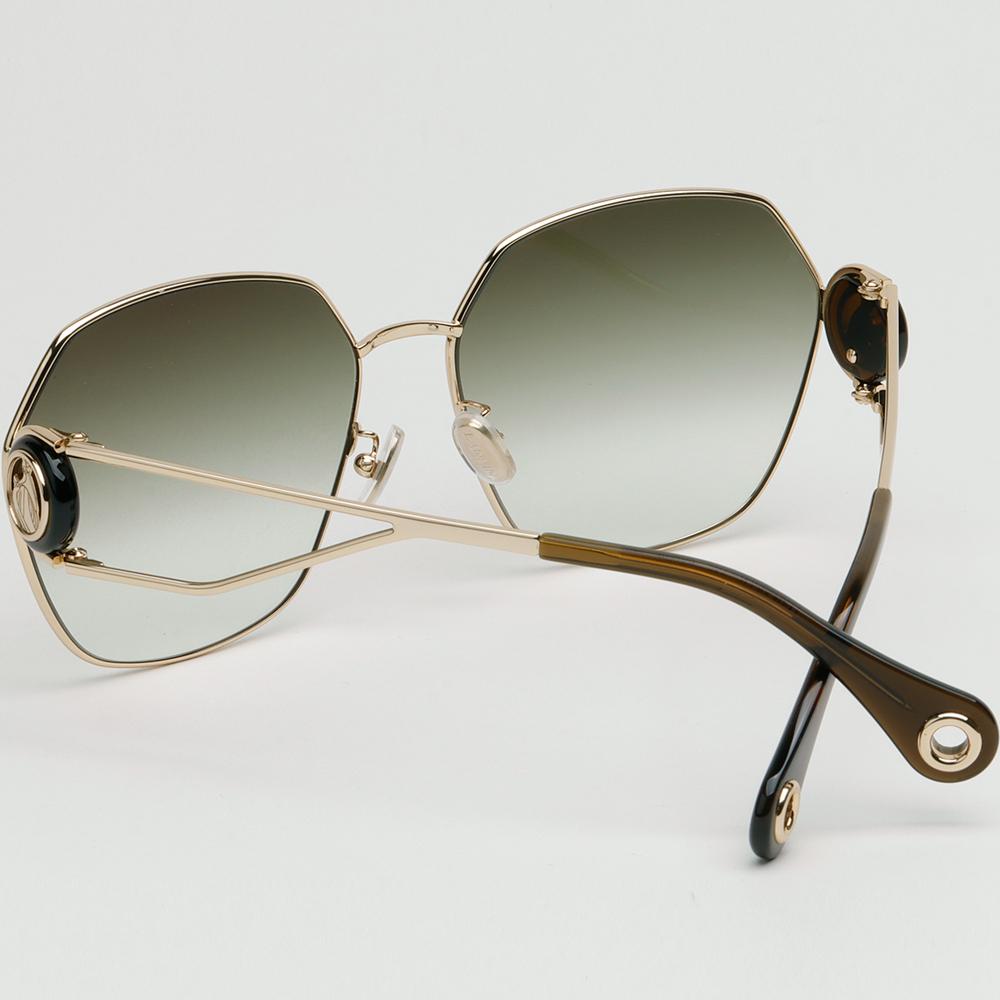 Lanvin Dark Green Square Sunglasses Gold Metal Frame Logo LNV129SLB 734