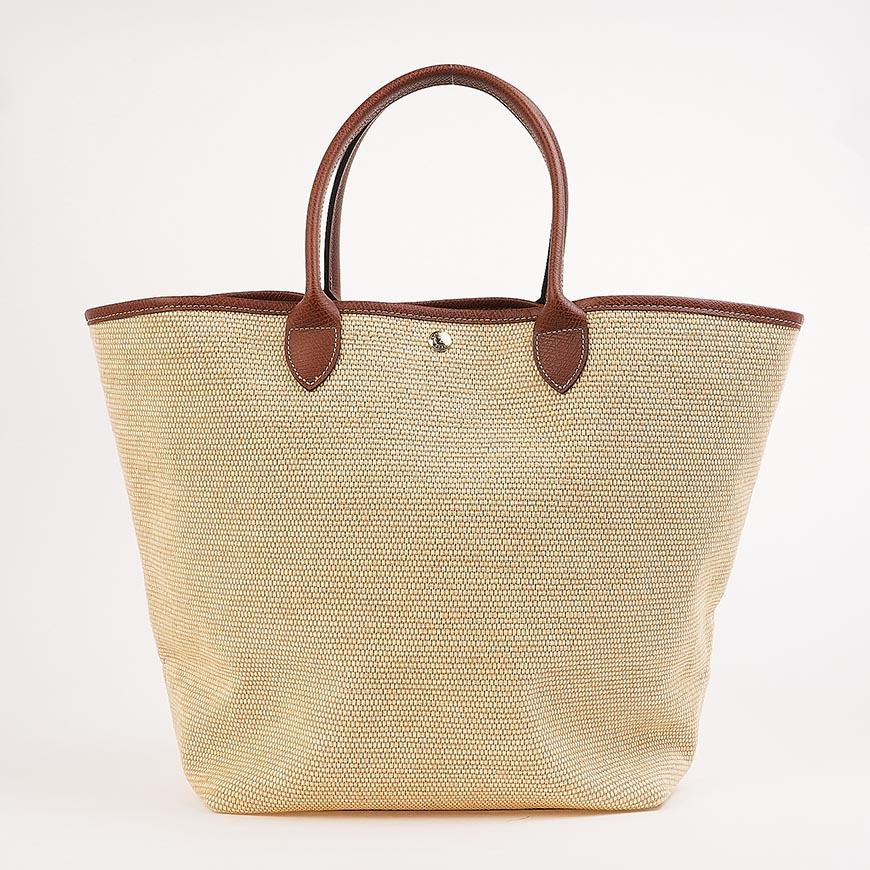 Longchamp L Basket Bag Women’s Tote Beige Woven Leather Trim