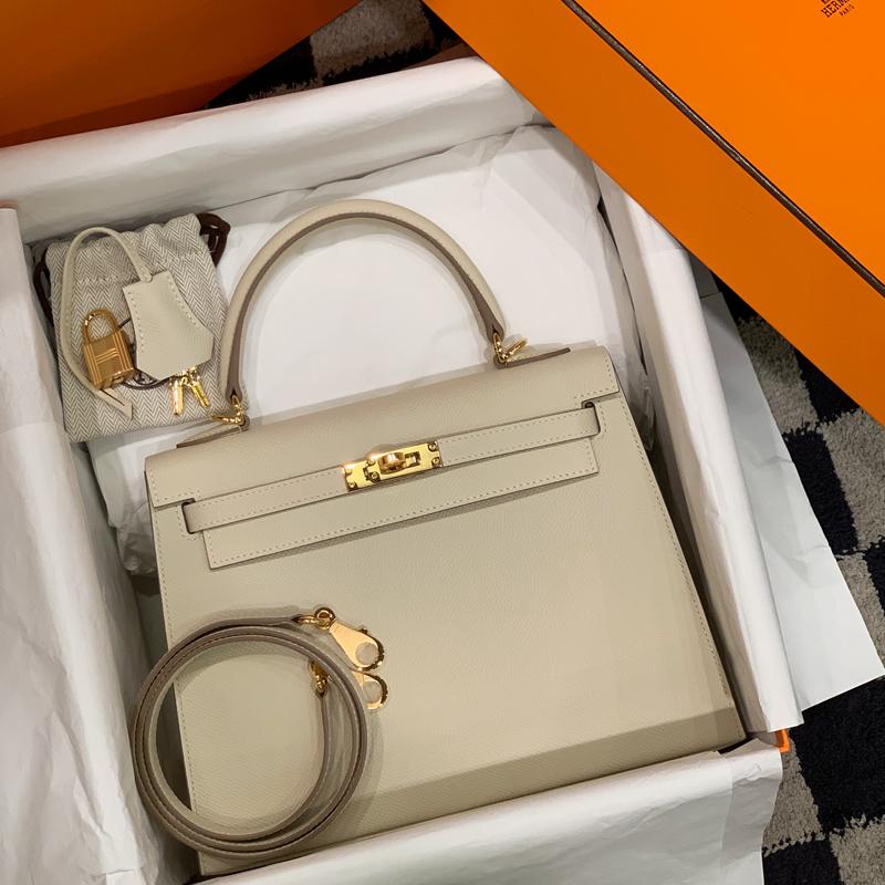 HERMES Epsom Leather Kelly 25 Ivory Shoulder Bag Gold Hardware