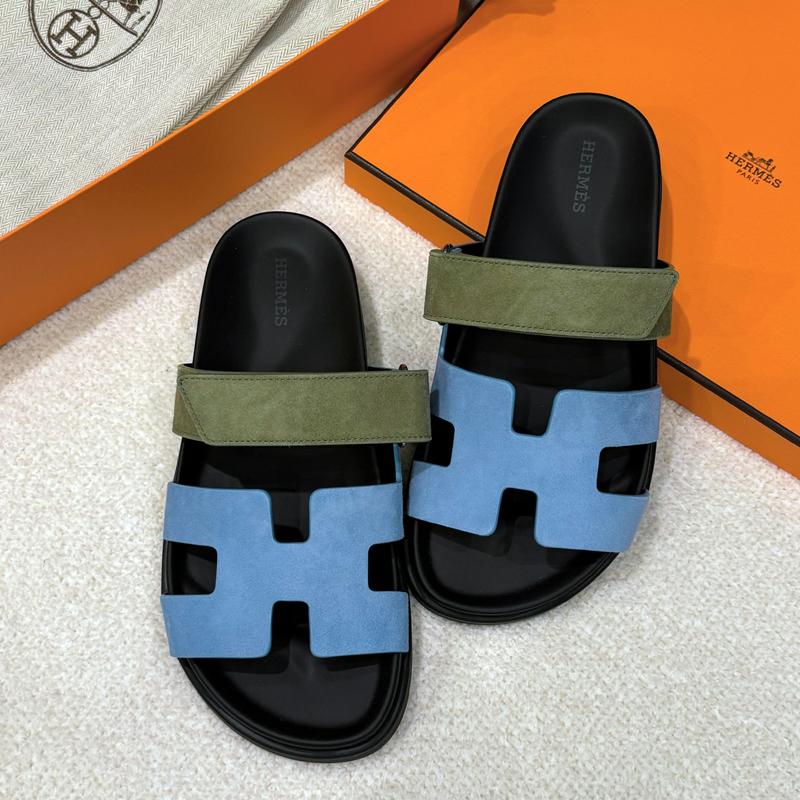 HERMES Women’s Suede Goatskin Chypre Sandals Blue Khaki