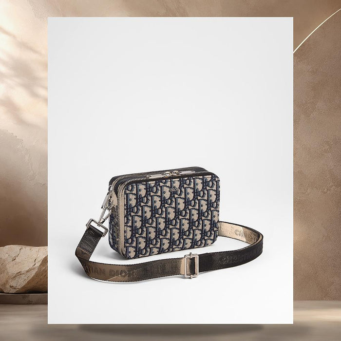 DIOR Beige Black Oblique Jacquard Strap Zip Pouch