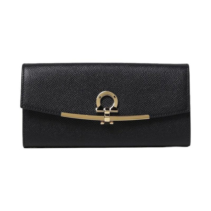 Ferragamo Gancini Leather Long Wallet Unisex Black