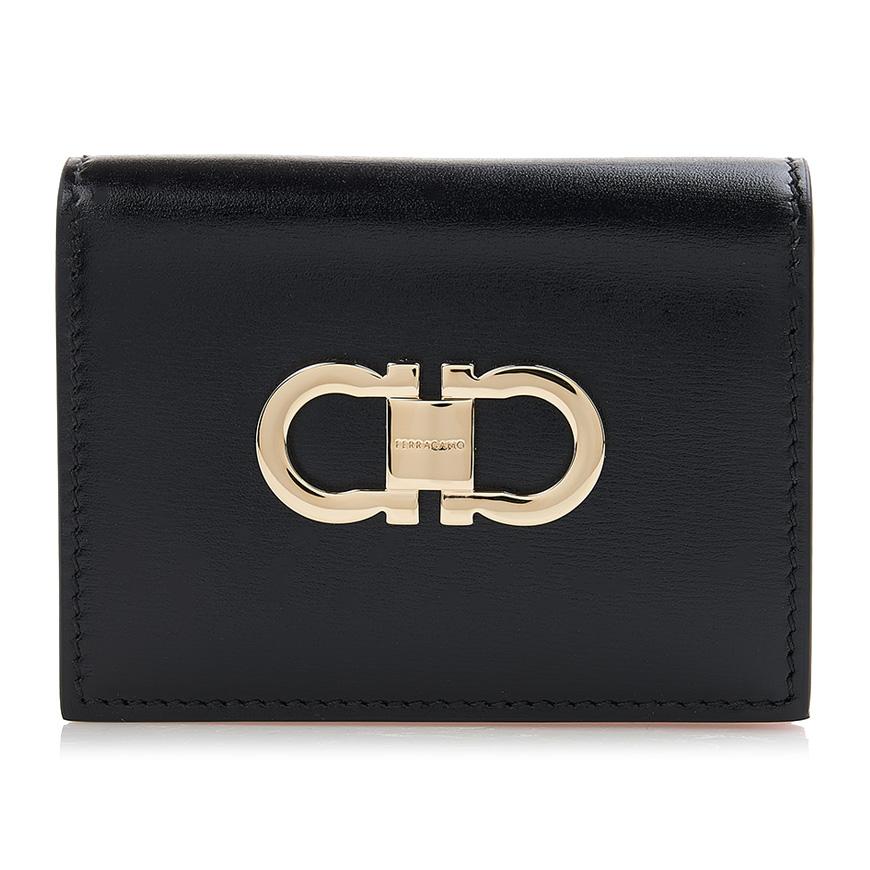 Ferragamo Gancini Compact Bifold Wallet Black Red Women’s Leather