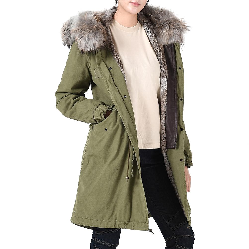 Mr & Mrs Khaki Raccoon Fur Trim Rabbit Fur Parka Jacket