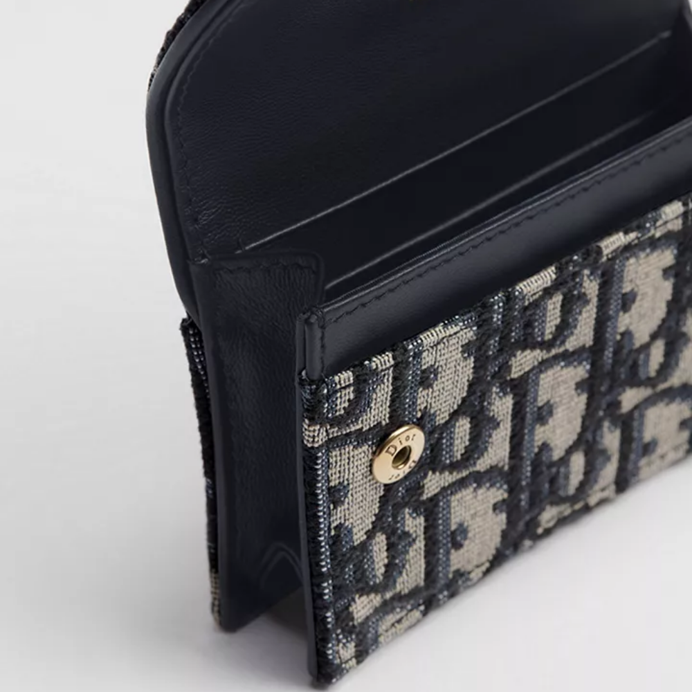 DIOR Oblique Saddle Card Holder Navy Gray Leather Unisex