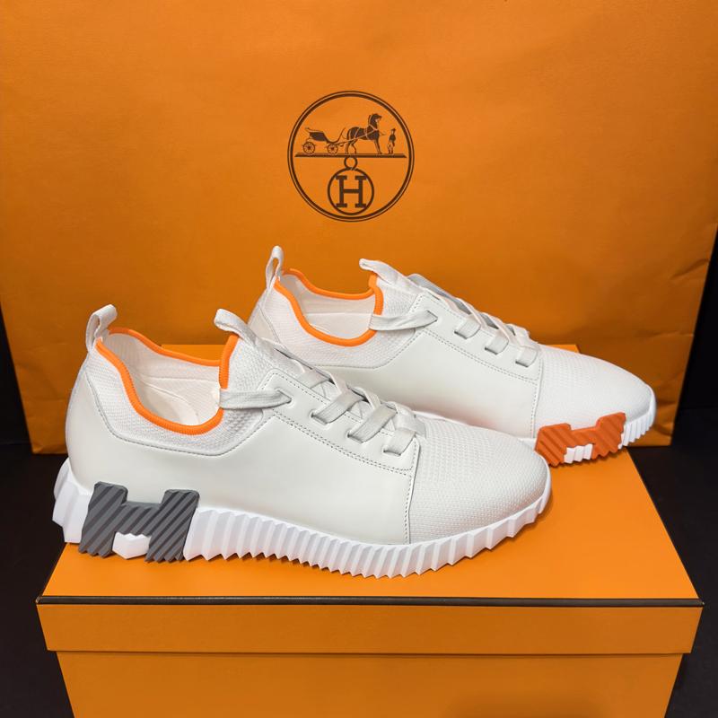 HERMES White/Gray/Orange Calfskin H Logo Low-Top Sneakers for Men