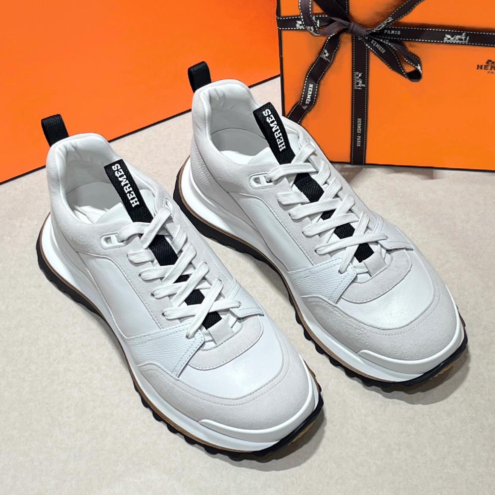 HERMES White Epsom Calfskin Suede Low-Top Sneakers for Men