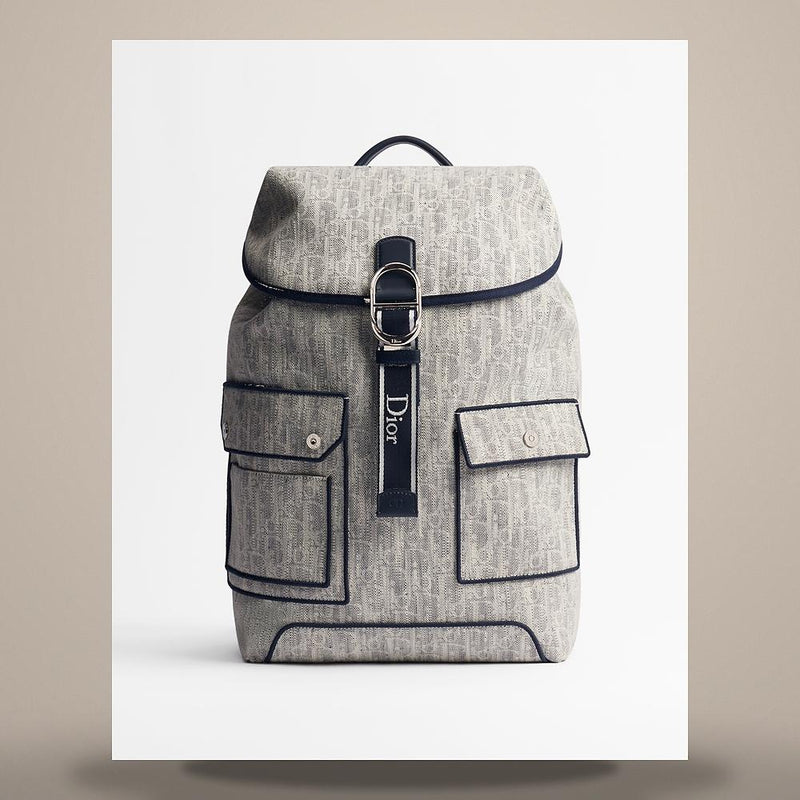 DIOR Riviera Pocket Jet Flap Backpack Gray Oblique Denim Canvas 1DBBA264VBAH080