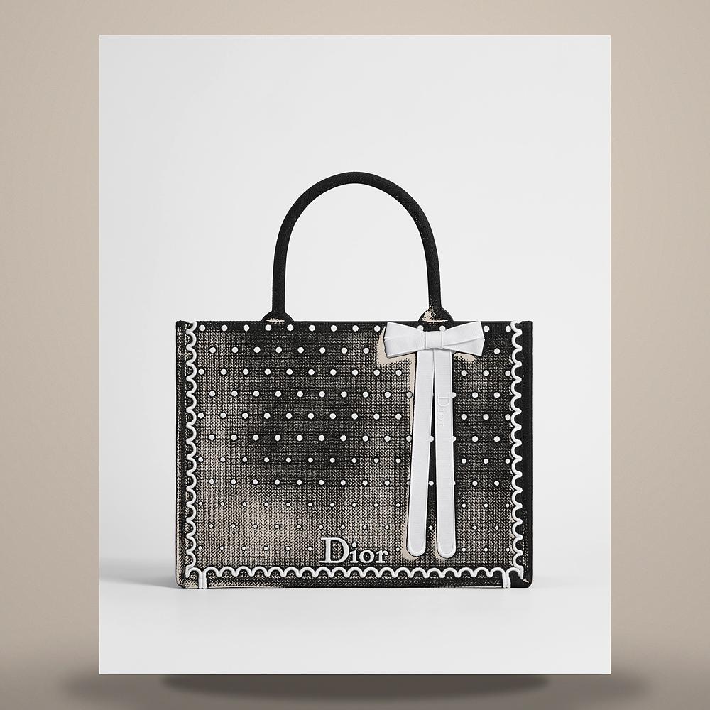 DIOR Black White PolkaDior Embroidered Book Tote Strap Bag Medium M1354PEIK M911