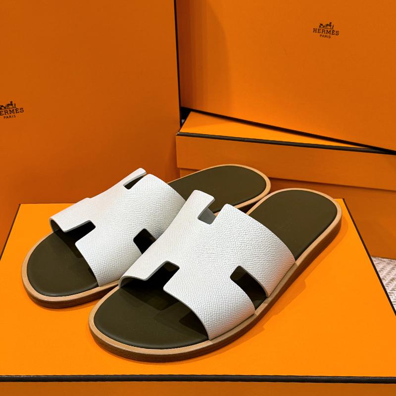 HERMES Izmir Sandals Epsom Calfskin Khaki Beige Men's Slippers