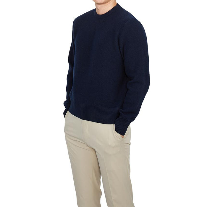 THOM BROWNE Men’s Round Neck Knit Sweater Navy Wool