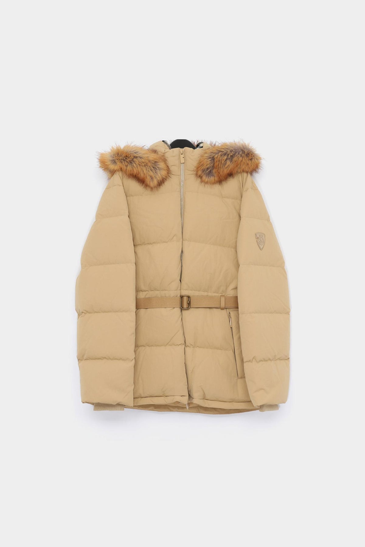 BURBERRY B Patch Logo Belted Hooded Fur Trim Women’s Down Jacket 8099897