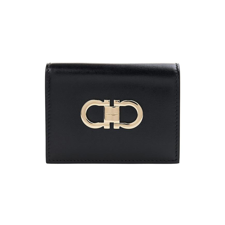 Ferragamo Gancini Compact Bifold Wallet Black Red Women’s Leather