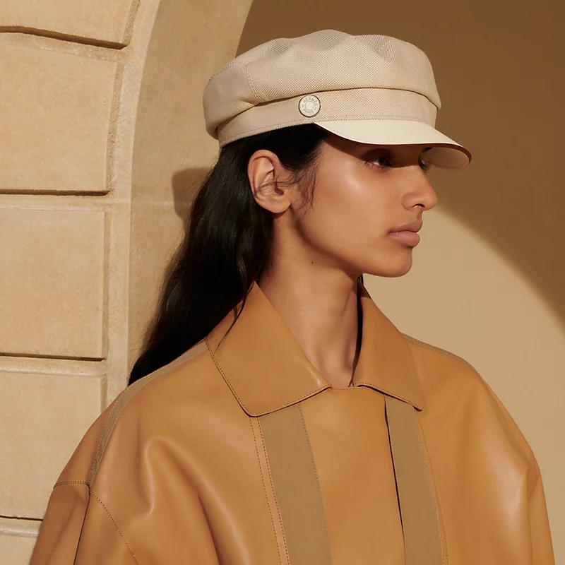 HERMES Beige Plain Air Cap Calfskin Cotton Unisex Hat