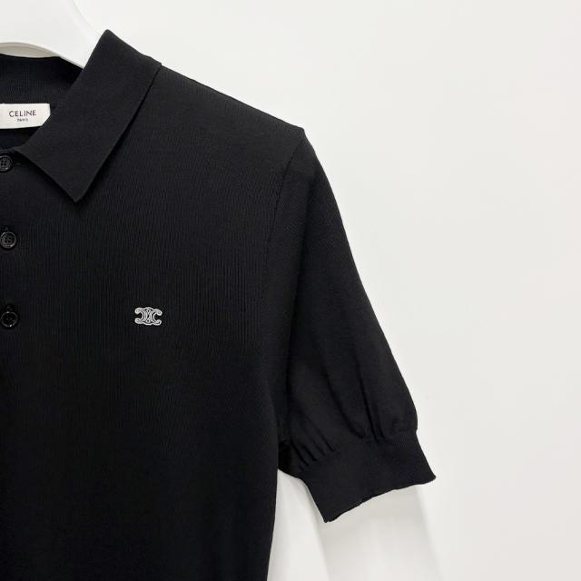 CELINE Triomphe Fine Knit Polo Short Sleeve T-Shirt Black