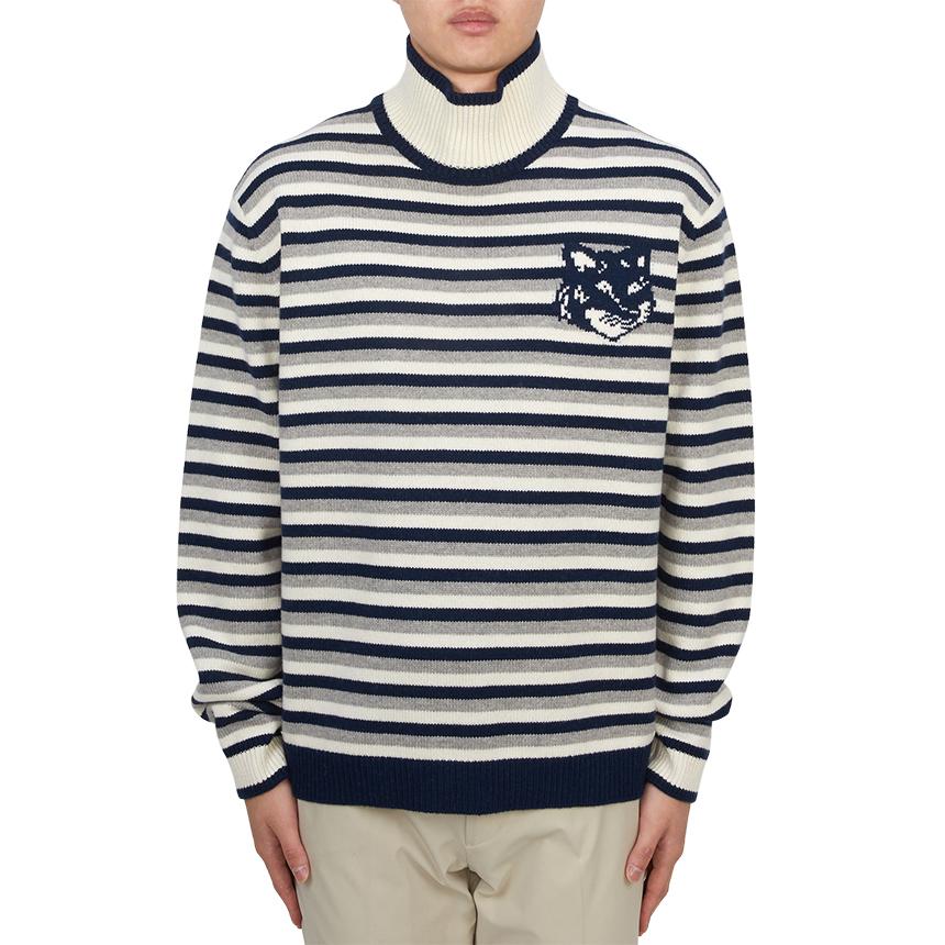 Maison Kitsune Fox Head Stripe Men’s Turtleneck Knit Sweater NM00803KM0329 B481