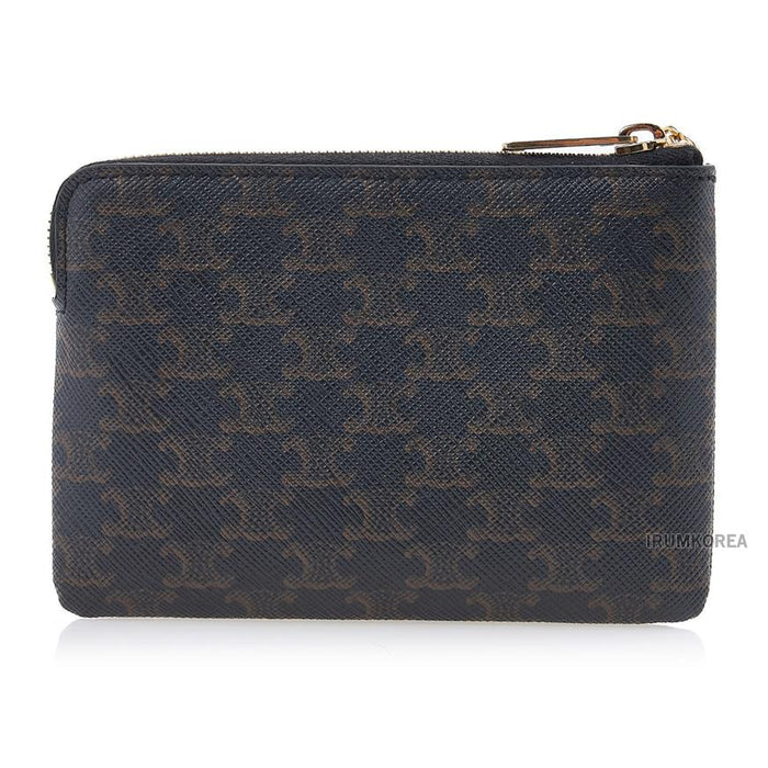 CELINE Triomphe Leather Coin Card Holder Wallet Black Women