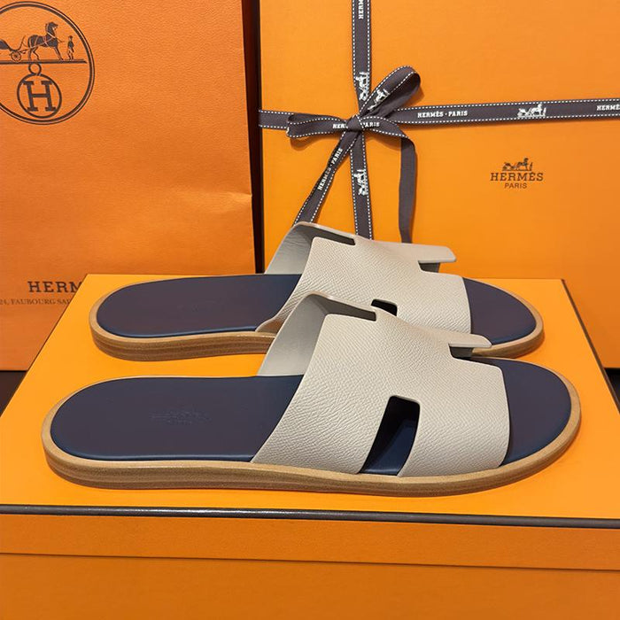HERMES Izmir Slippers Epsom White Blue Celeste Men