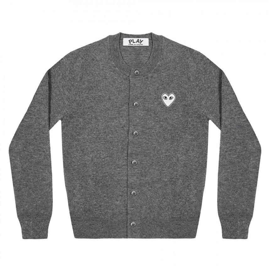 Comme des Garcons U-Neck Cardigan with White Heart Patch Charcoal