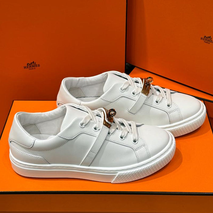 HERMES Rose Gold Kelly Buckle White Calfskin Low Top Sneakers