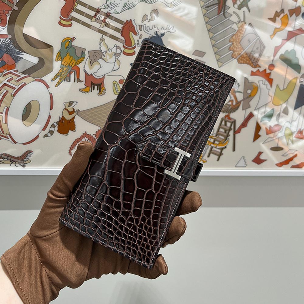HERMES Deep Brown Shiny Alligator Long Wallet Silver Hardware