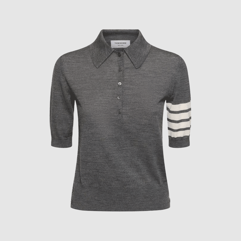 THOM BROWNE Women 4-Bar Fine Virgin Wool Polo Knit Sweater Gray
