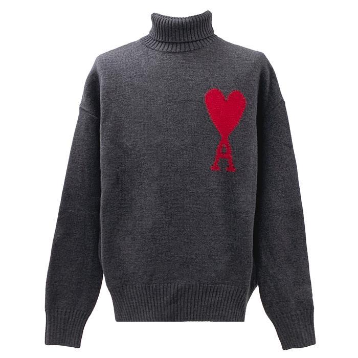 AMI Big Heart Logo Turtleneck Wool Knit Sweater for Men UKS402