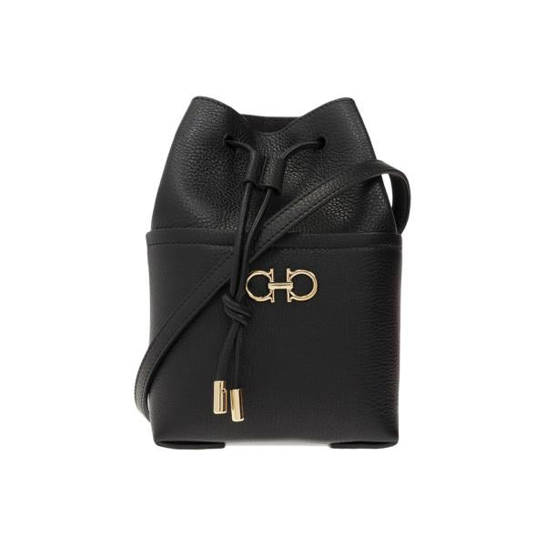 Ferragamo Gold-Tone Double Gancini Black Leather Bucket Crossbody Bag