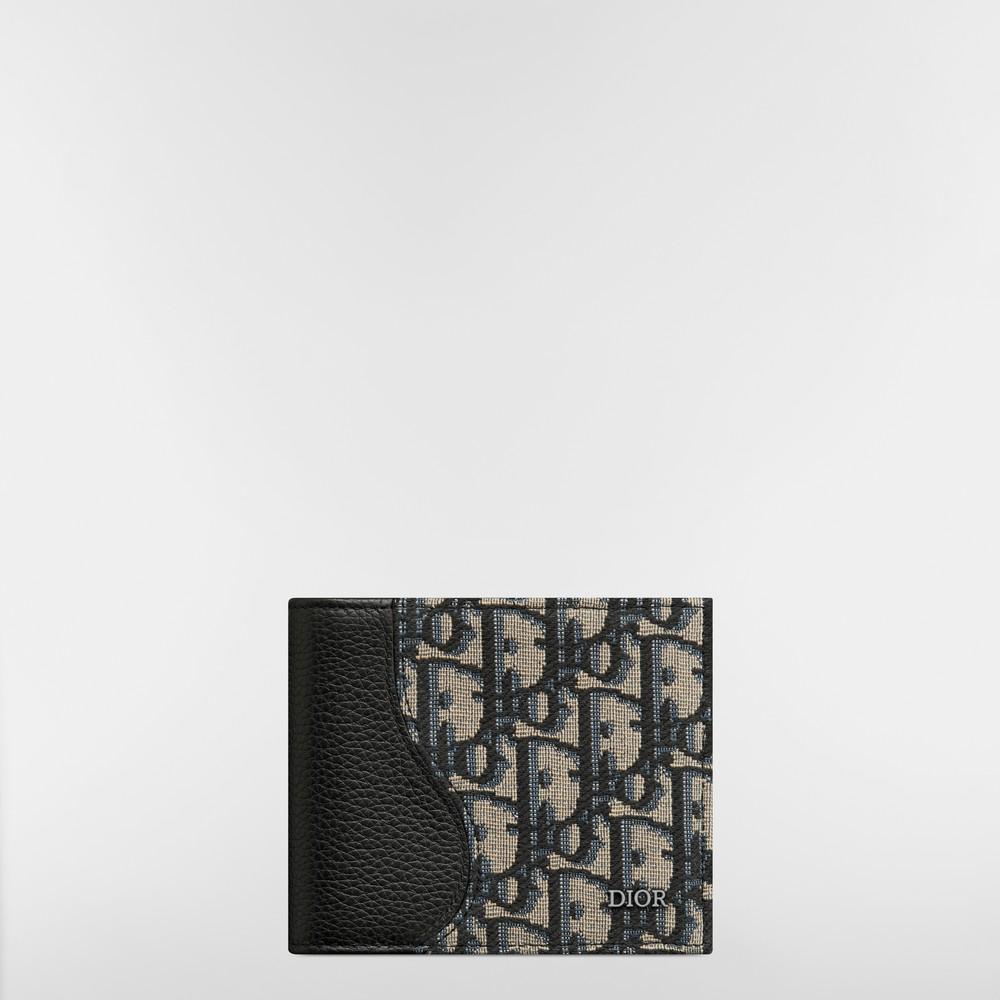 DIOR Black Grained Calfskin Saddle Bifold Card Holder Beige Black Oblique Jacqua
