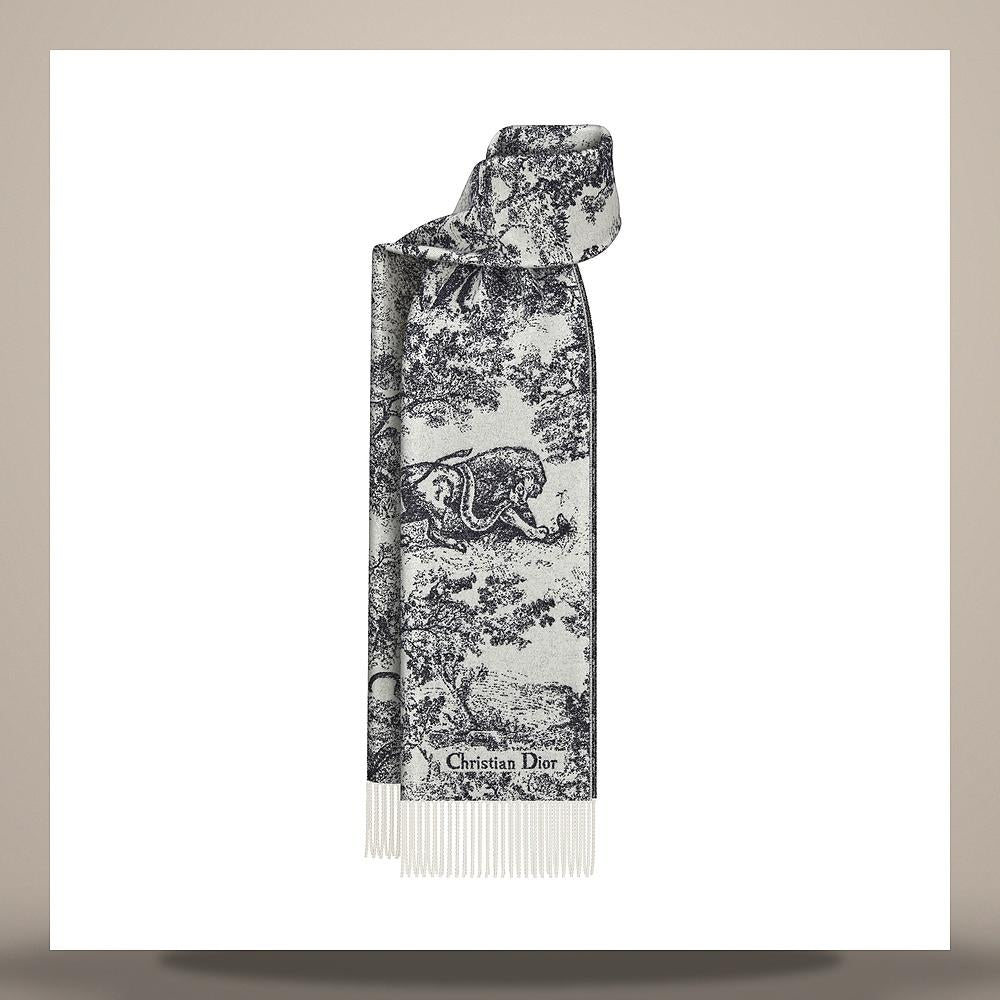 DIOR Navy Blue Toile de Jouy Sauvage Cashmere Wool Scarf