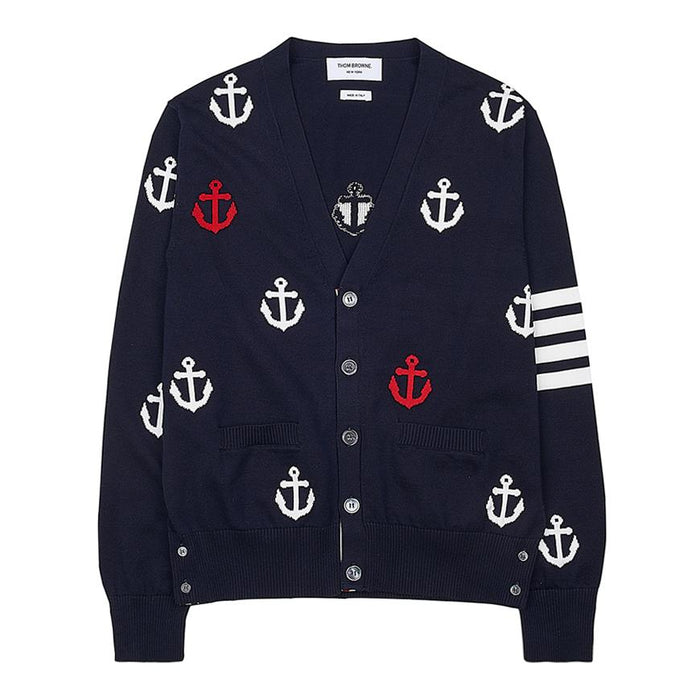 THOM BROWNE 4-Bar Stripe Anchor Cardigan Navy Men’s Knit