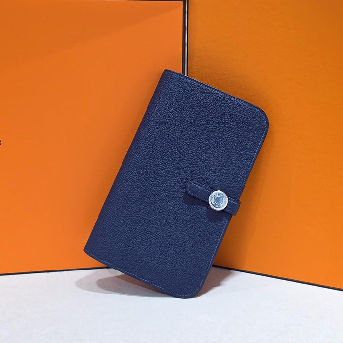 HERMES Togo Leather Dogon Duo Long Wallet Navy Palladium Hardware