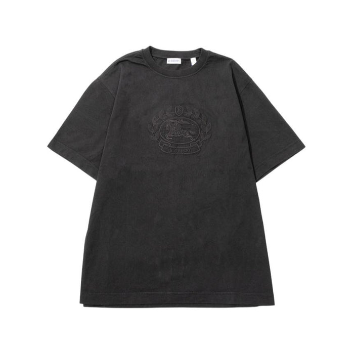 BURBERRY Black Cotton Short Sleeve T-Shirt with Embroidered Patch