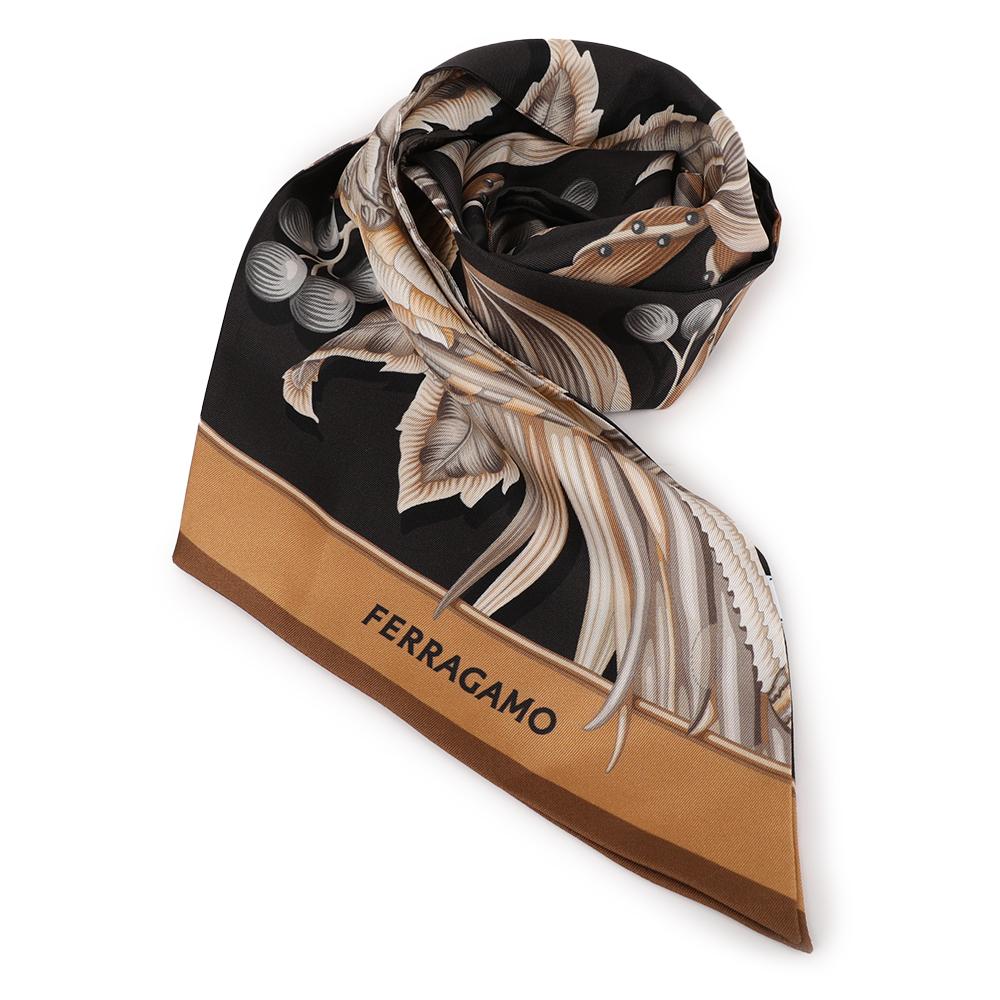 Ferragamo Parrots Print Beige Black Silk Twilly Scarf 32 1282 005