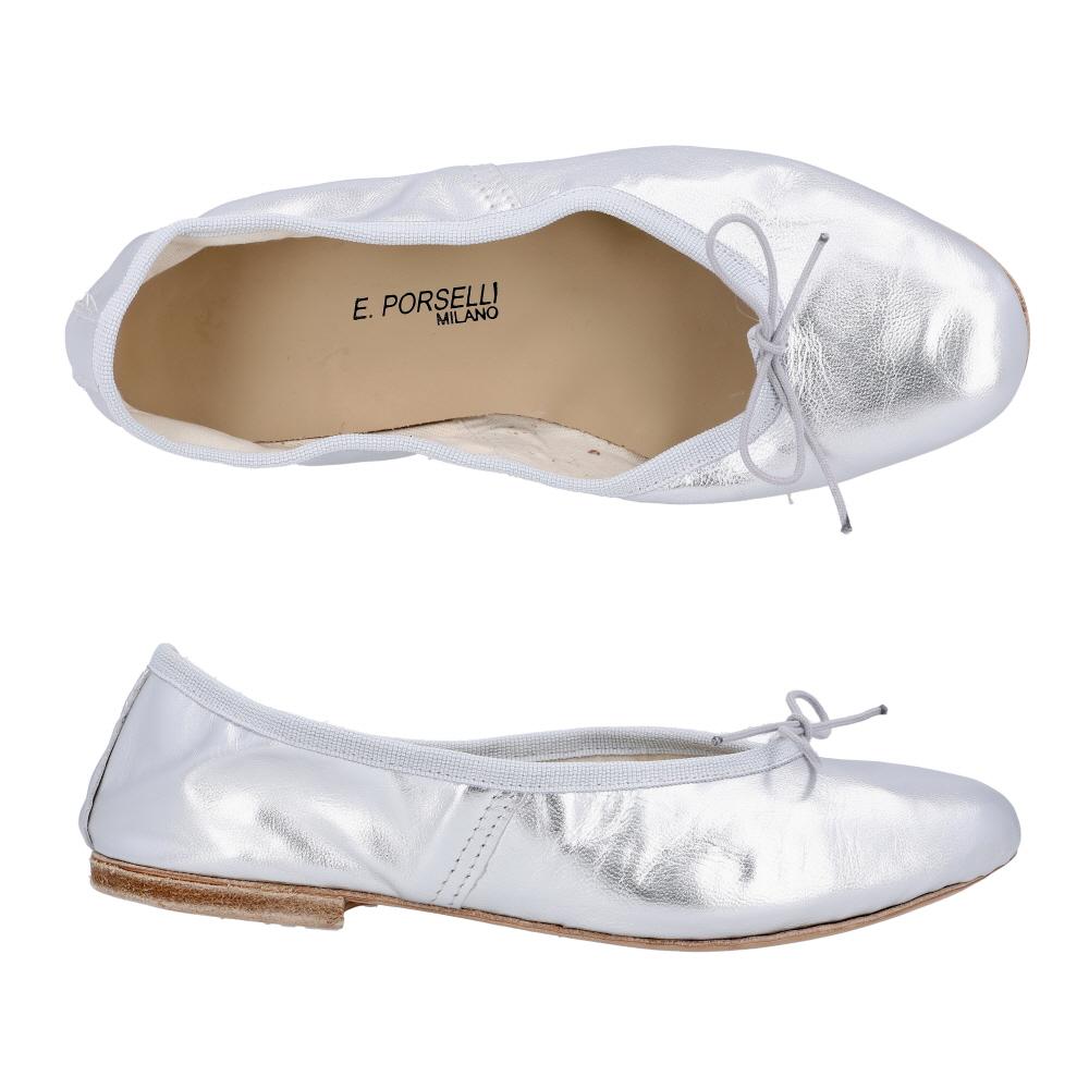 E.PORSELLI Silver Leather Ballet Flat Shoes for Women