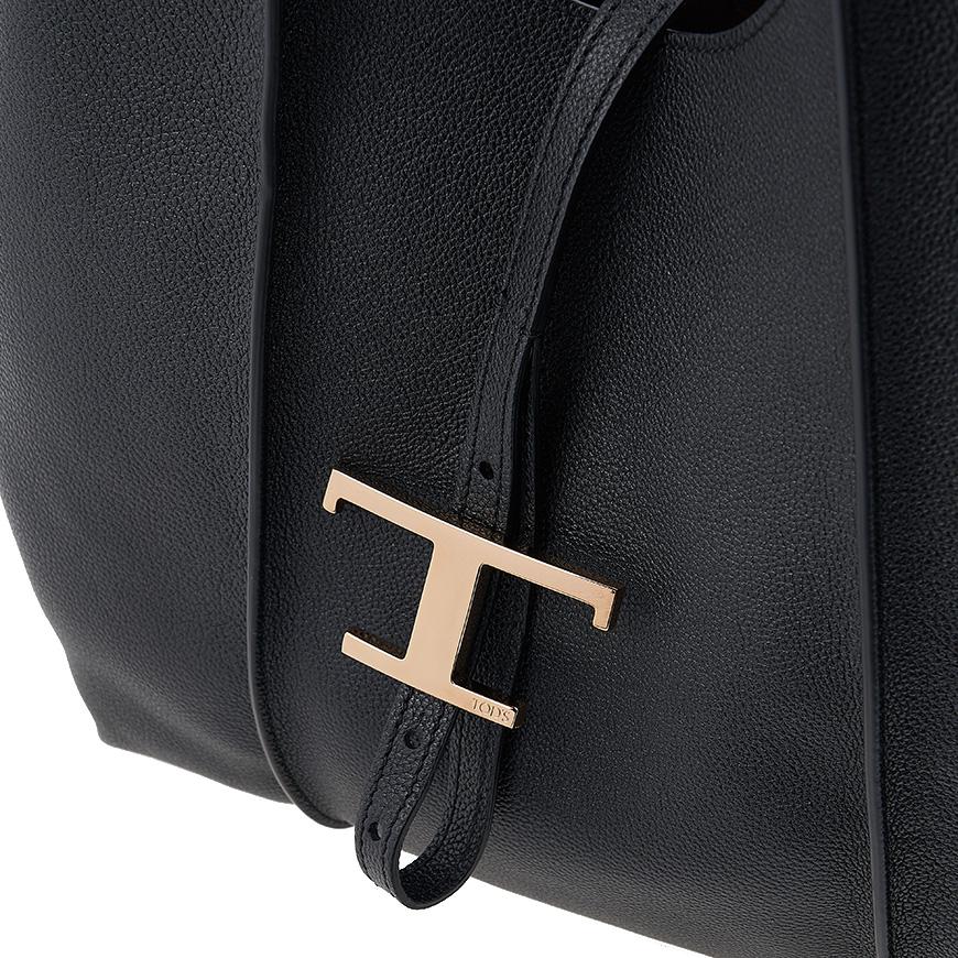 Tods Timeless T Shopper Tote Bag Black Leather Women