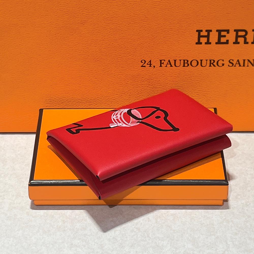 HERMES Red Swift Leather Calvi Duo Compact Card Holder Palladium Hardware