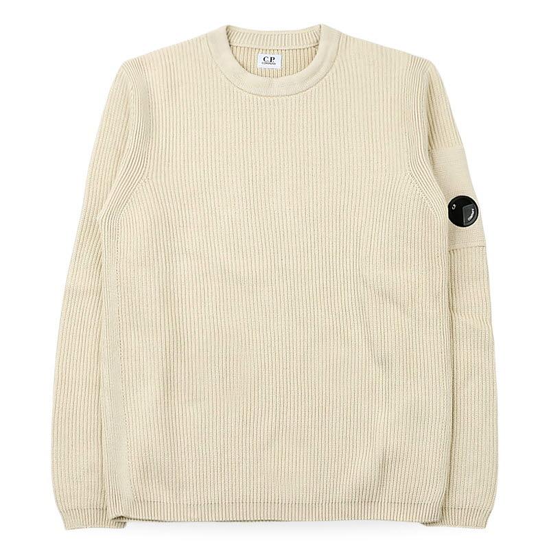 CP Company Men’s Lens Badge Crewneck Knit Sweater Beige 20CMKN095A 110560A 114