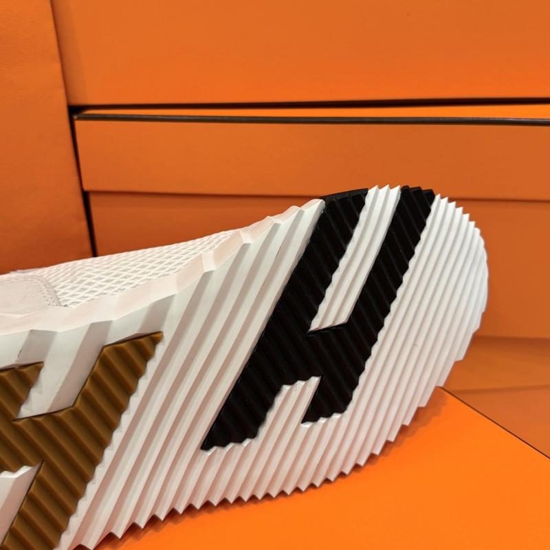 HERMES White Mesh H Brown Black Low Top Sneakers