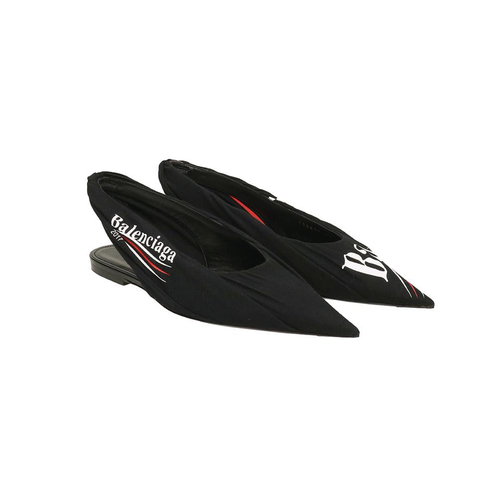 BALENCIAGA Logo Flat Slingback Sandals Black
