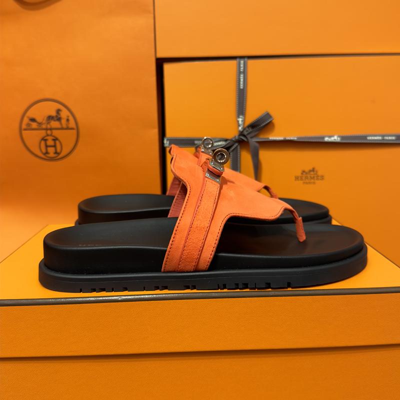 HERMES Empire Kelly Buckle Suede Goatskin Orange Silver Sandals
