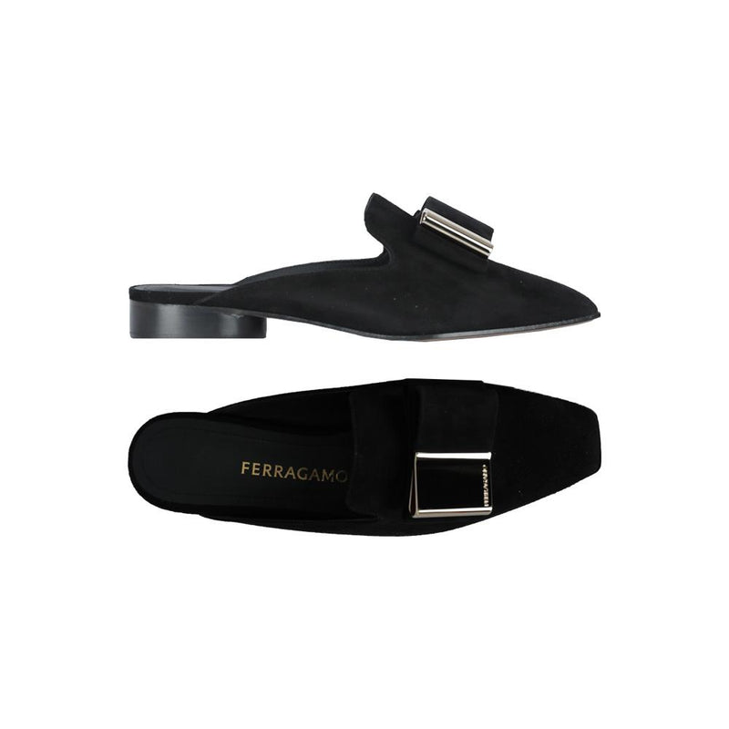 Ferragamo Black Suede Lea Gold Bow Backless Loafers 0763124