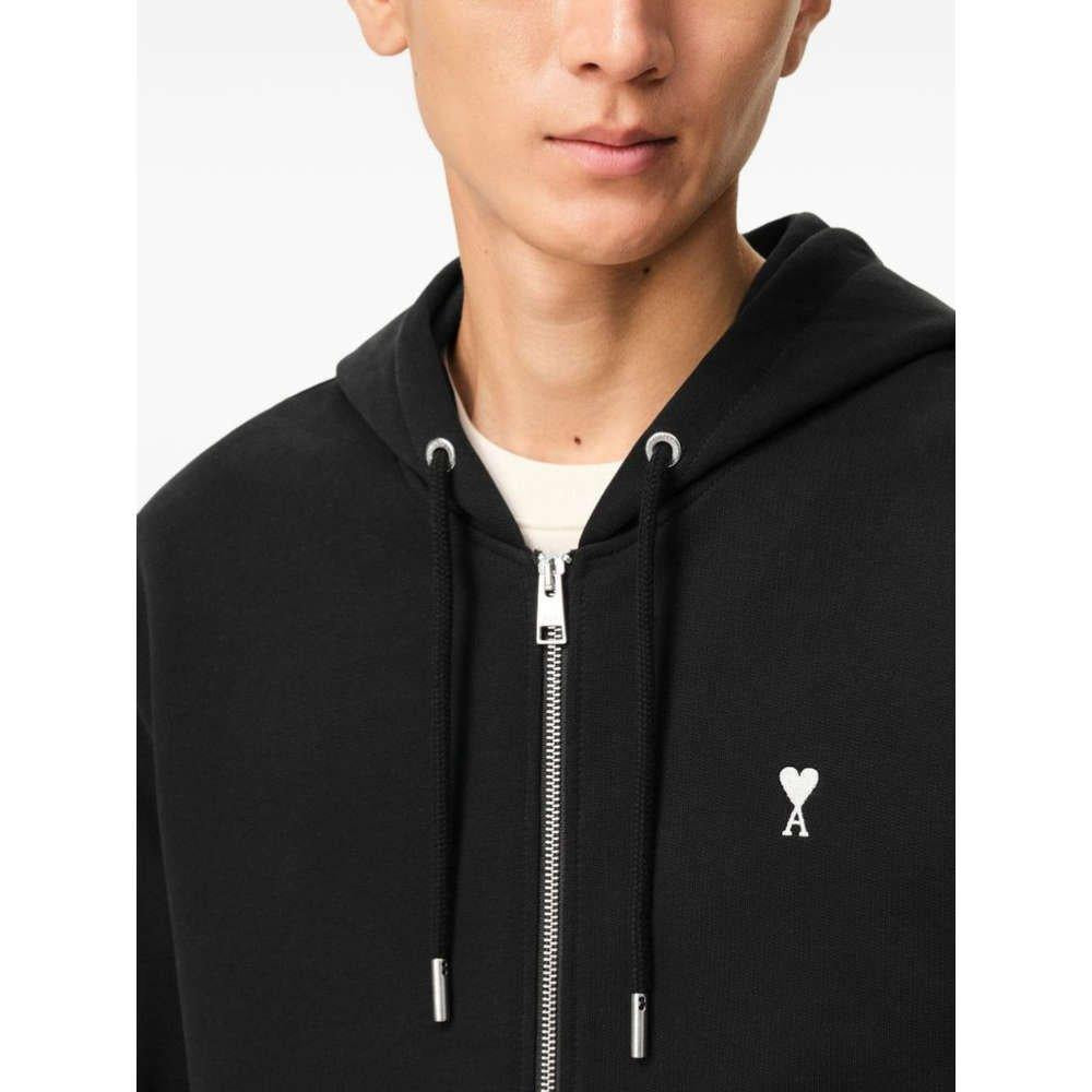 AMI White Heart Logo Black Zip-Up Hoodie Unisex Clothing